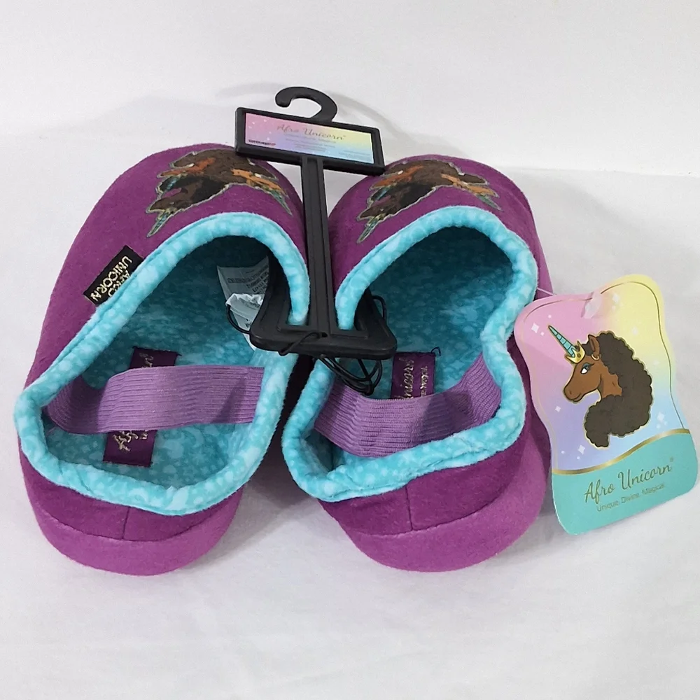 Afro Unicorn Girls Plush Purple Aline Slippers, Size 9/10, New With Tag